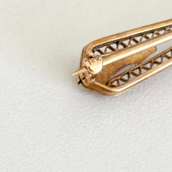Antique 14K Solid Yellow Gold Intricate Design Detailed Amethyst Bar Brooch Pin - Picture 4 of 11